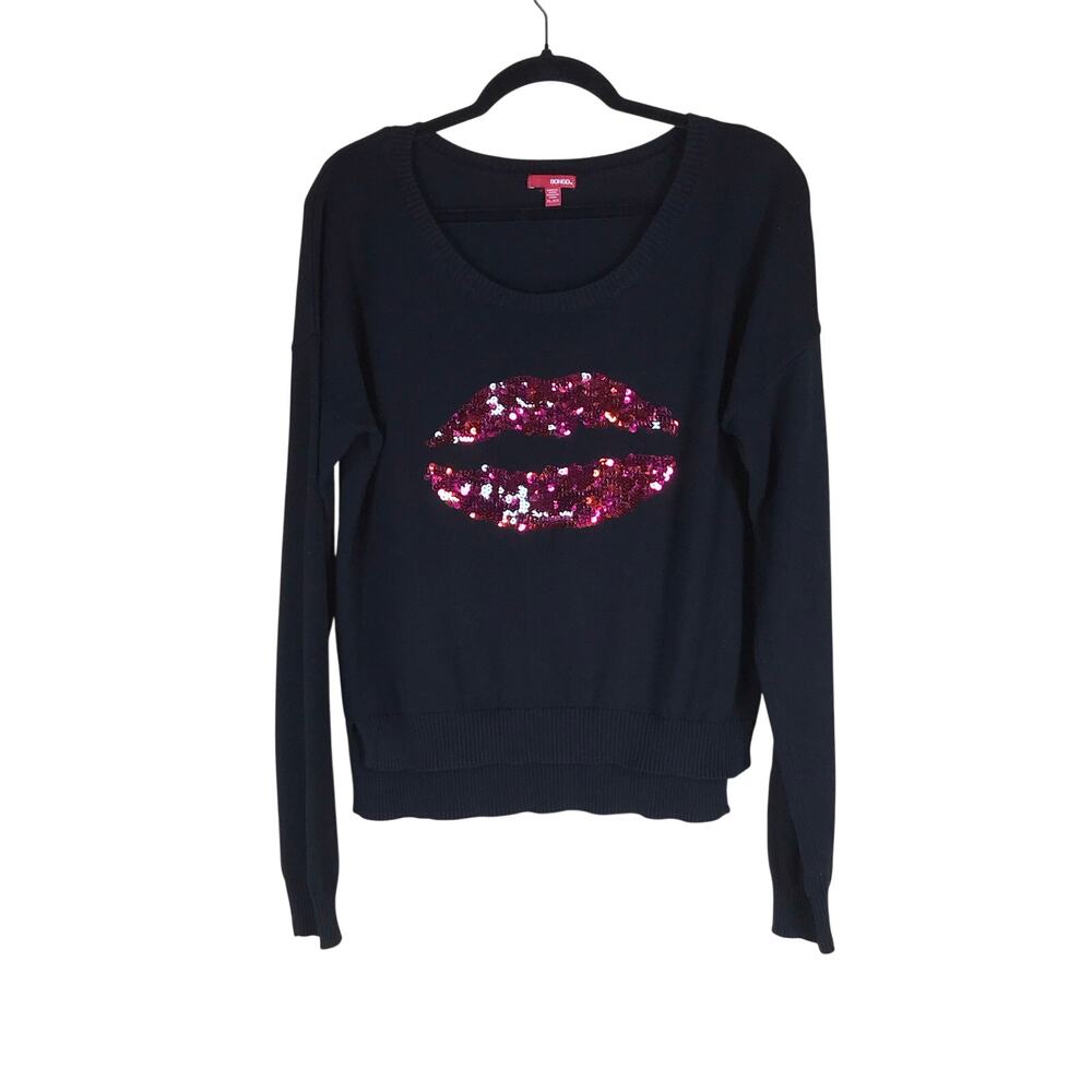 Bongo Sequin Lips Sweater Women’s XL Black Pink Red Bling Y2K 2014 Pullover